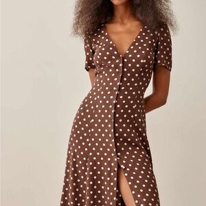 Reformation Chocolate Brown Dress with Cream Polka Dots